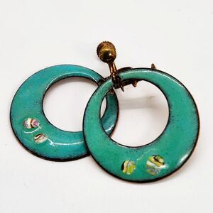 Retro OOAK Copper Enamel Clip On Earrings Moon Geometric Shape w Glass Frit MCM